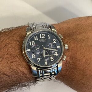 Aesop Automatic 9015G watch, blue gray dial, metal bracelet, see through back